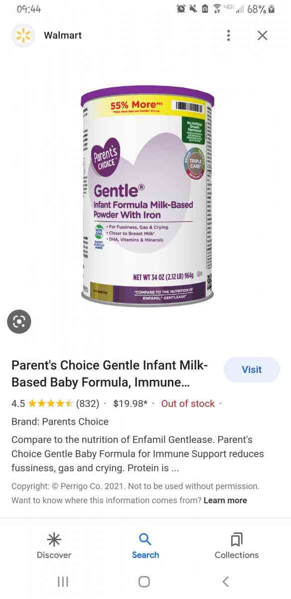 5 unopened cans of Parents Choice Gentle formula