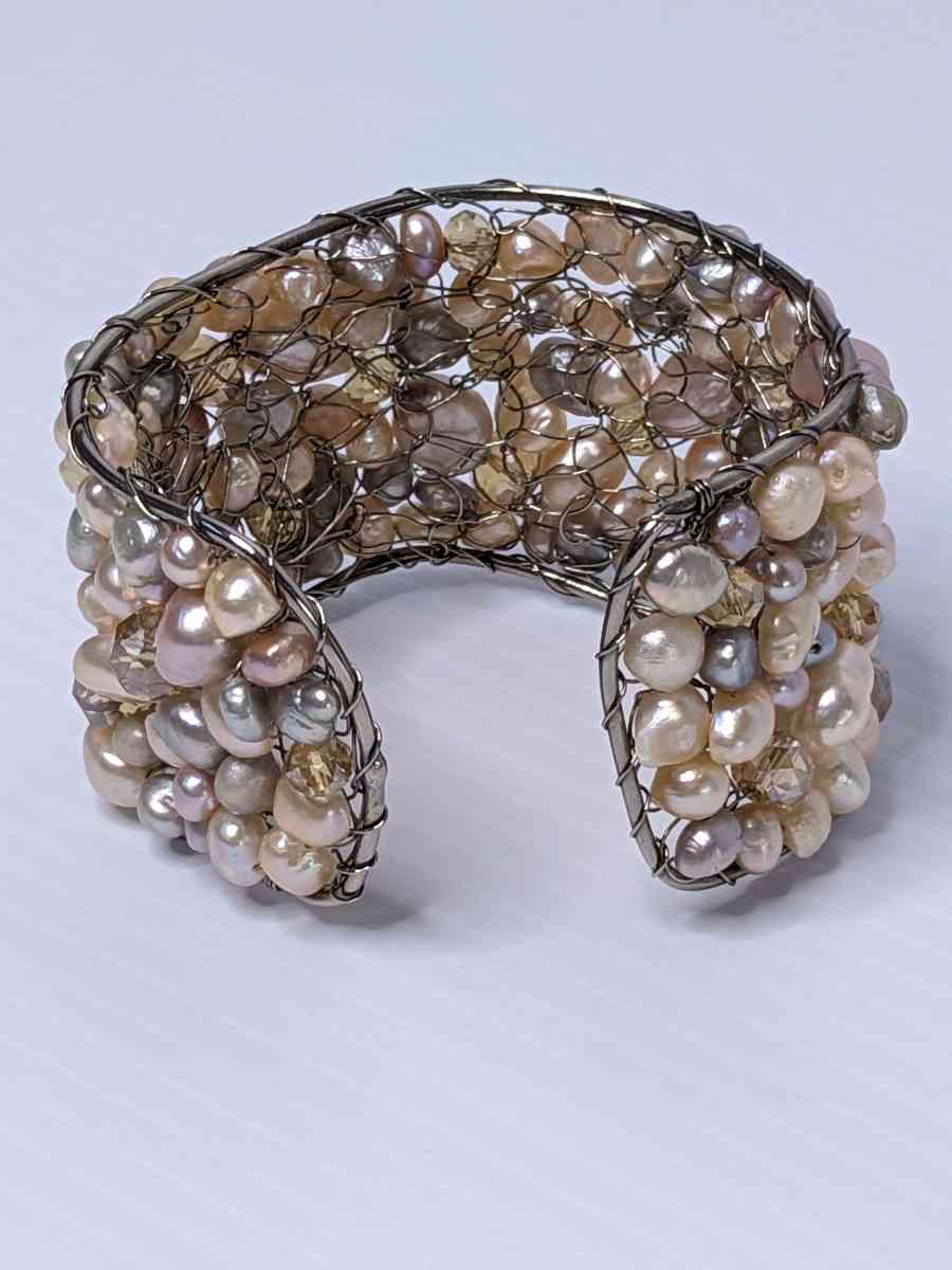 Multi colored freshwater pearls mesh cuff bracelet