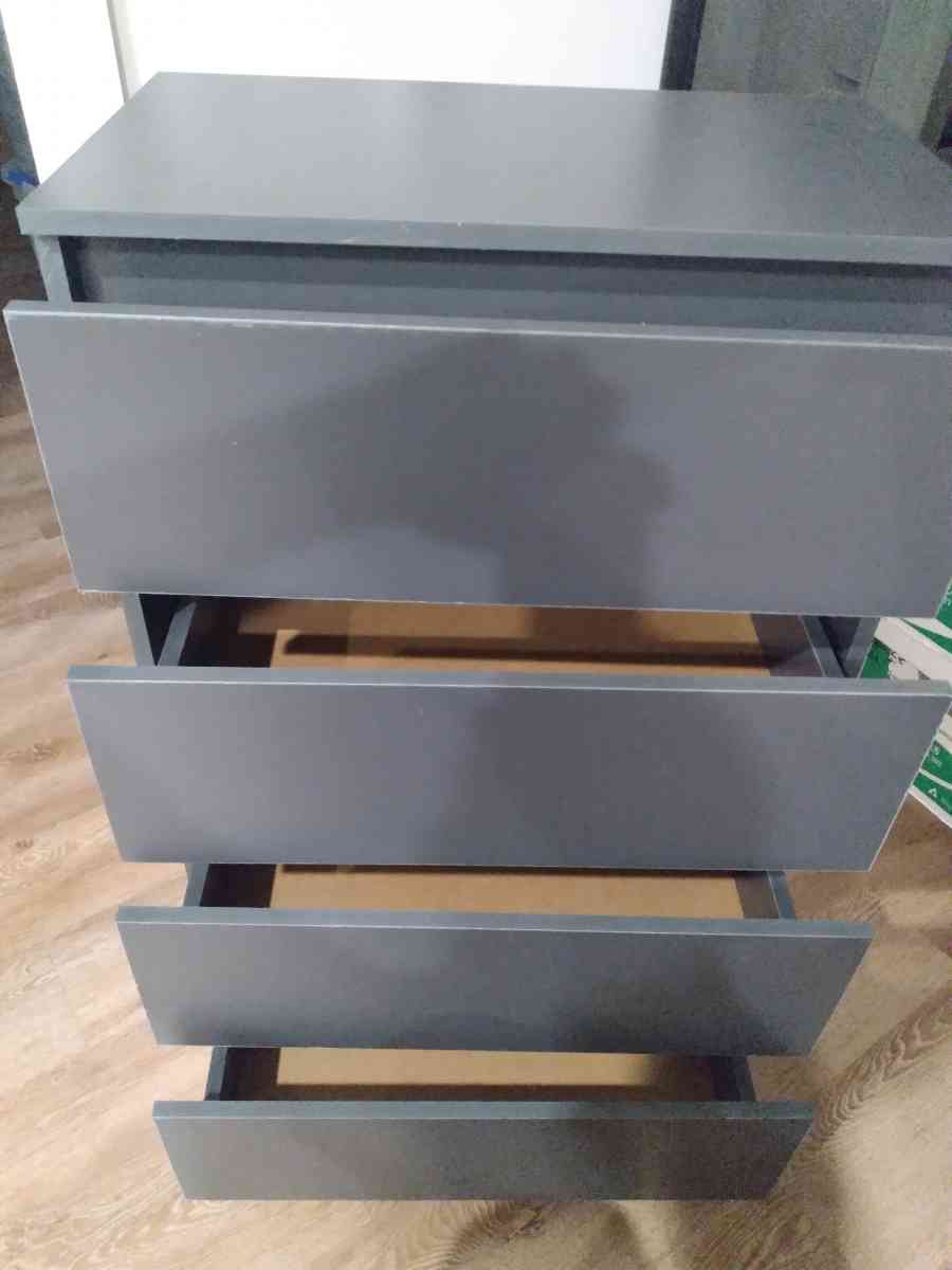 two 4 drawer and two 2 drawer with shelves grey chests