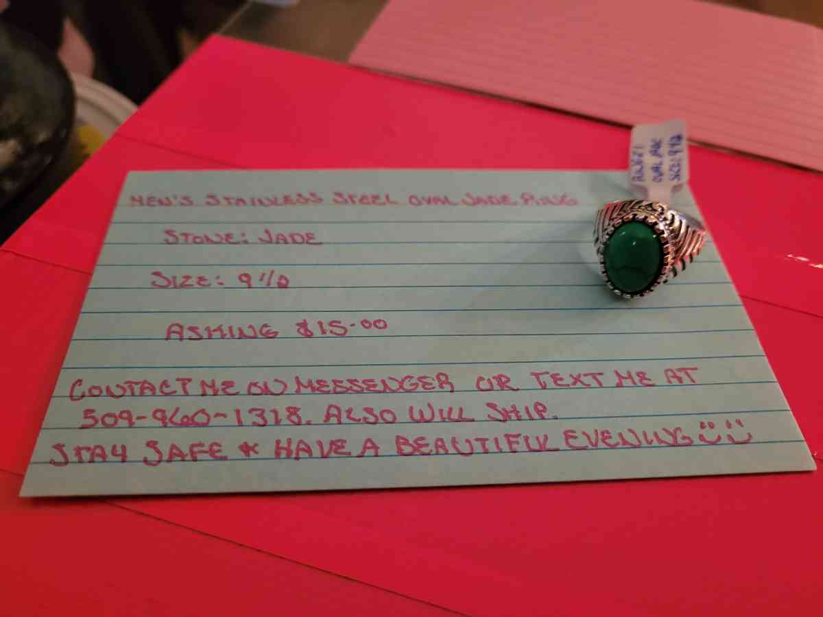 Stainless Steel Mens Oval Jade Ring