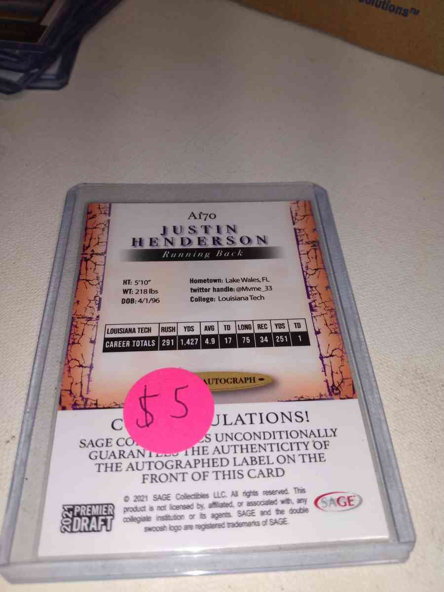 2021 premier draft Justin Henderson autographed card