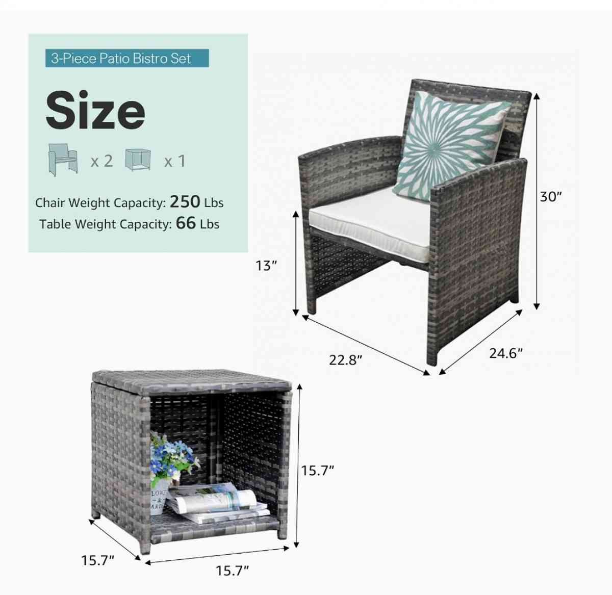 3pc outdoor patio set gray wicker with cream color cushion