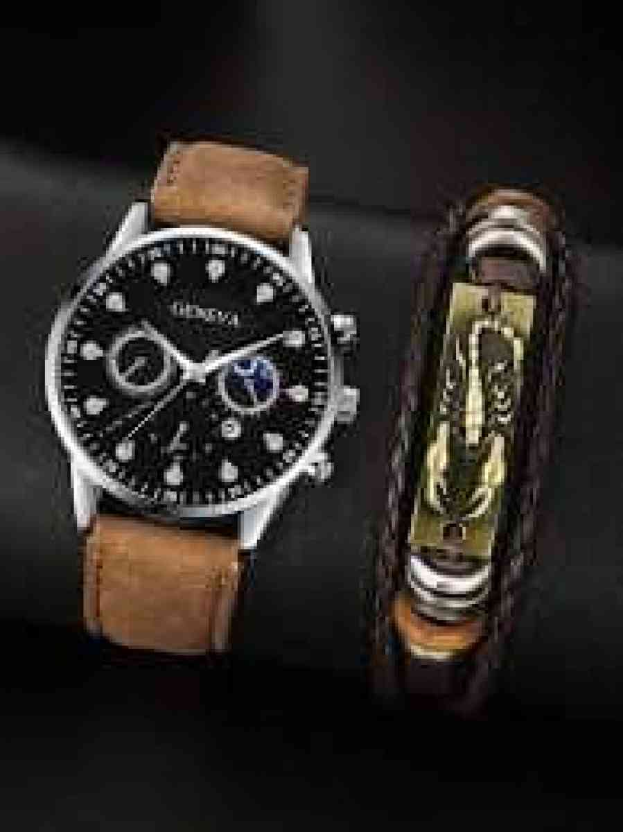 25 1pc Mens Casual Calendar Quartz Watch  1pc Braided Bracel