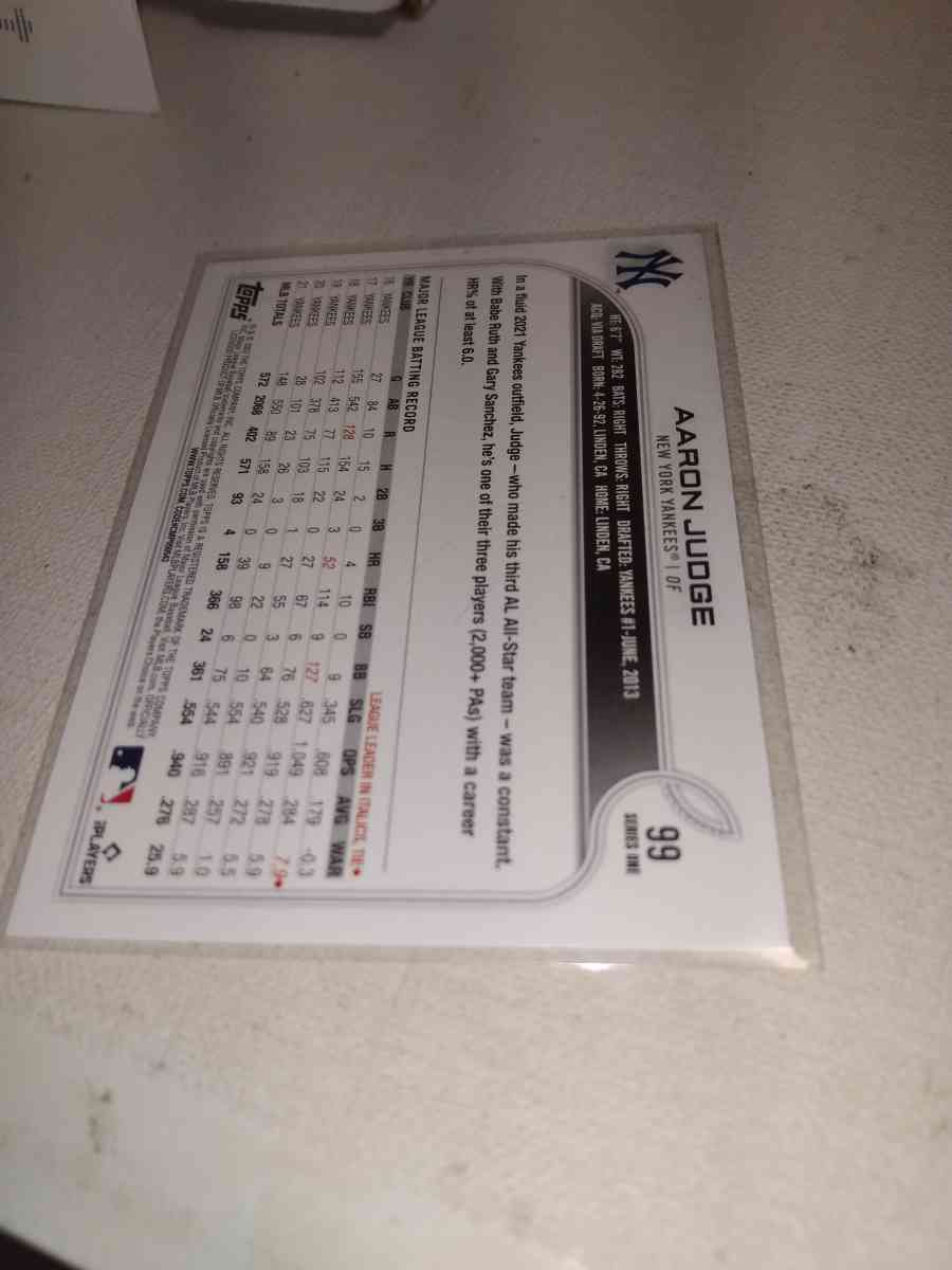 2022 Topps or number 99 Aaron judge