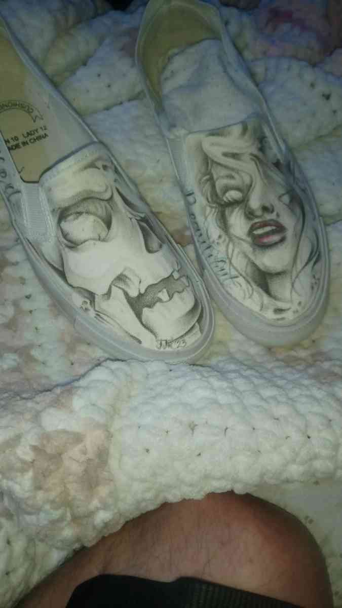 shoes with prison art drawn on them by the homeboy Jhonny m