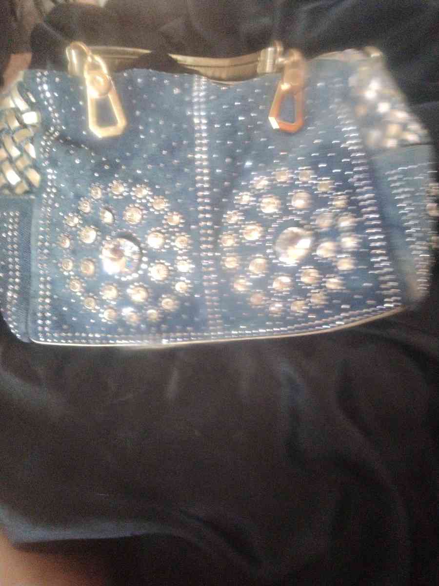 blue jean bejeweled womans hat and purse