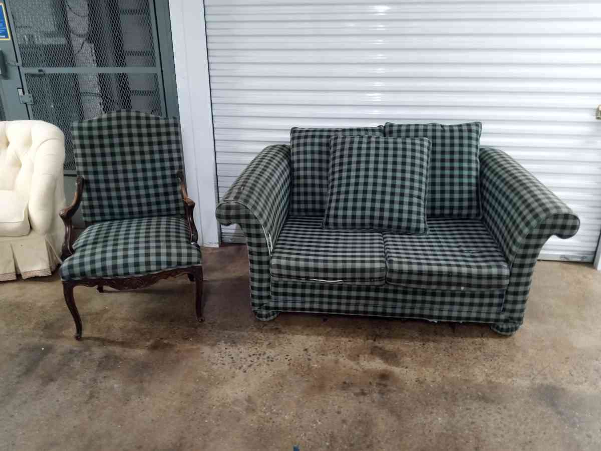 Green Checkered Loveseat and Chair