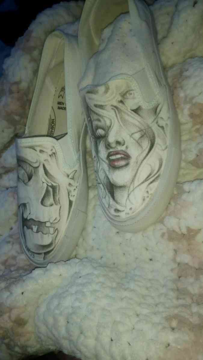 shoes with prison art drawn on them by the homeboy Jhonny m