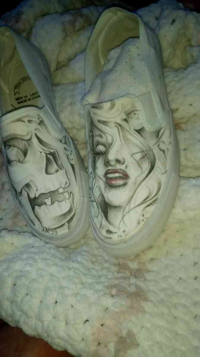 shoes with prison art drawn on them by the homeboy Jhonny m