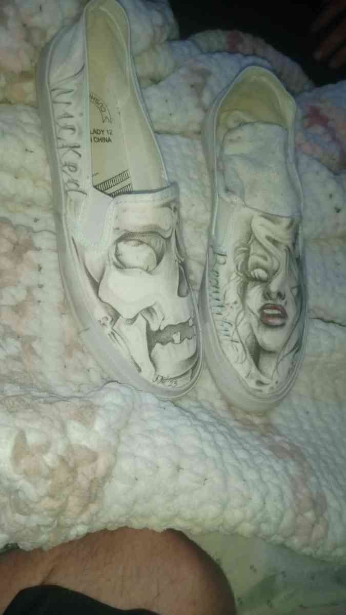 shoes with prison art drawn on them by the homeboy Jhonny m