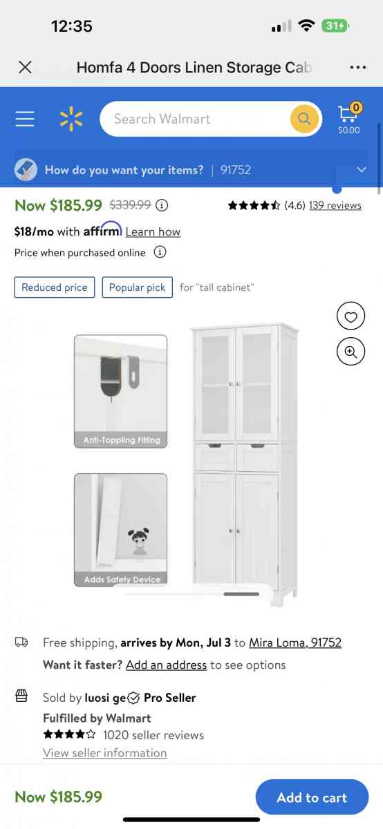 4 Doors Linen Storage Cabinet 3Tier Wood Tall Cabinet Cupboa