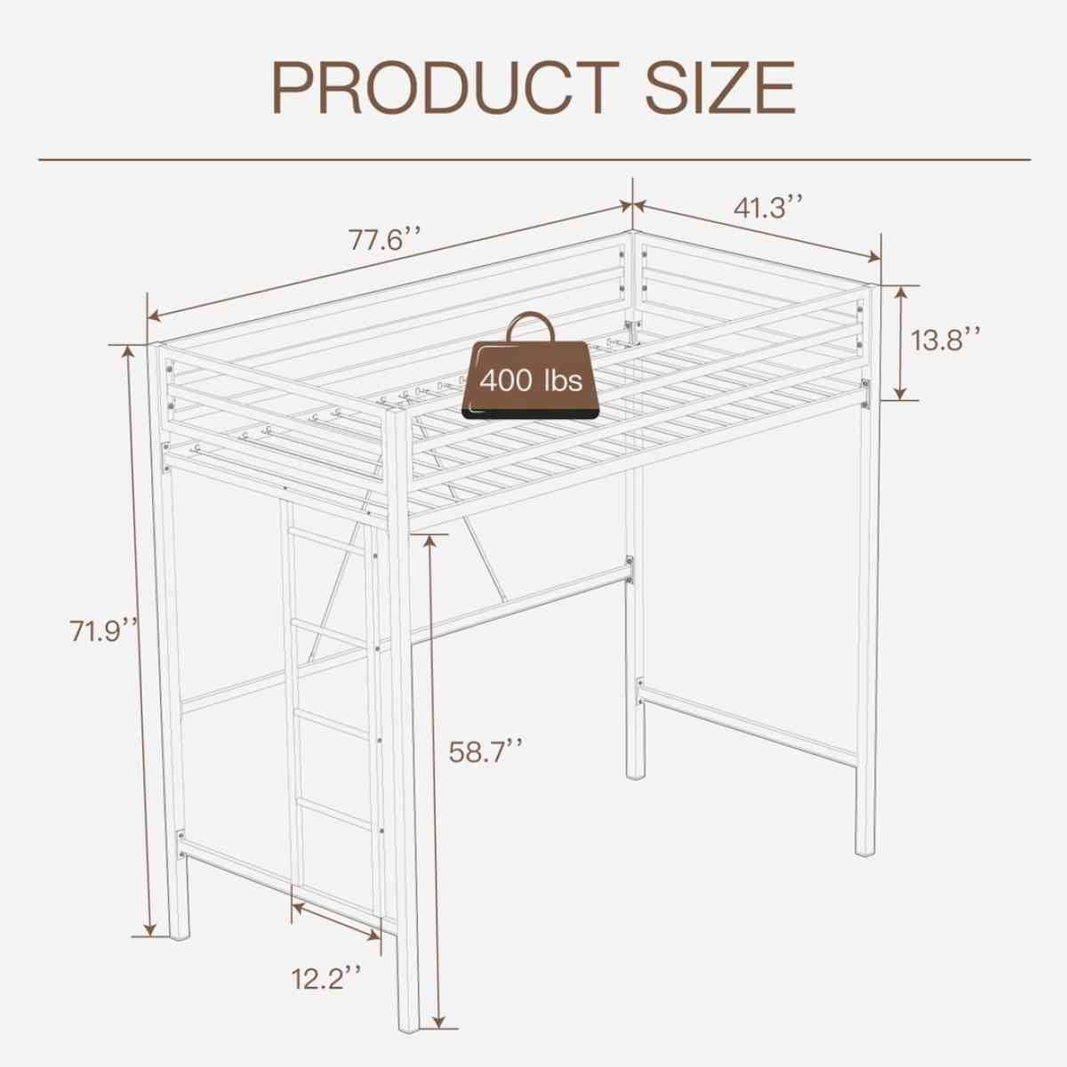 Metal Twin Loft Bed Frame for Kids  Teens with Safety Guardr