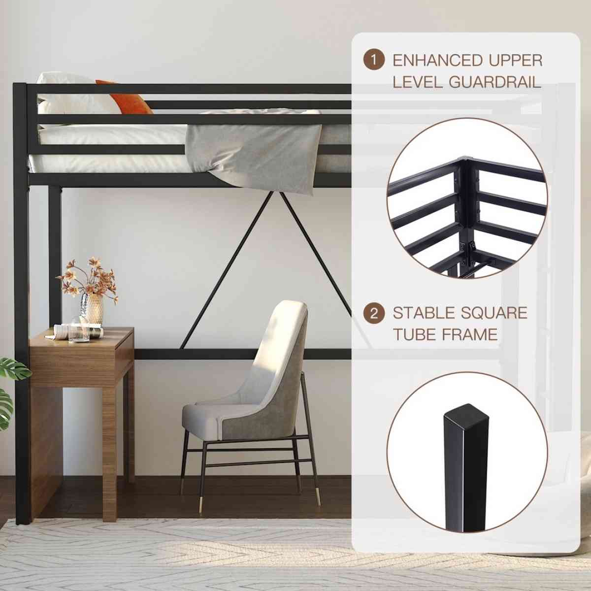 Metal Twin Loft Bed Frame for Kids  Teens with Safety Guardr