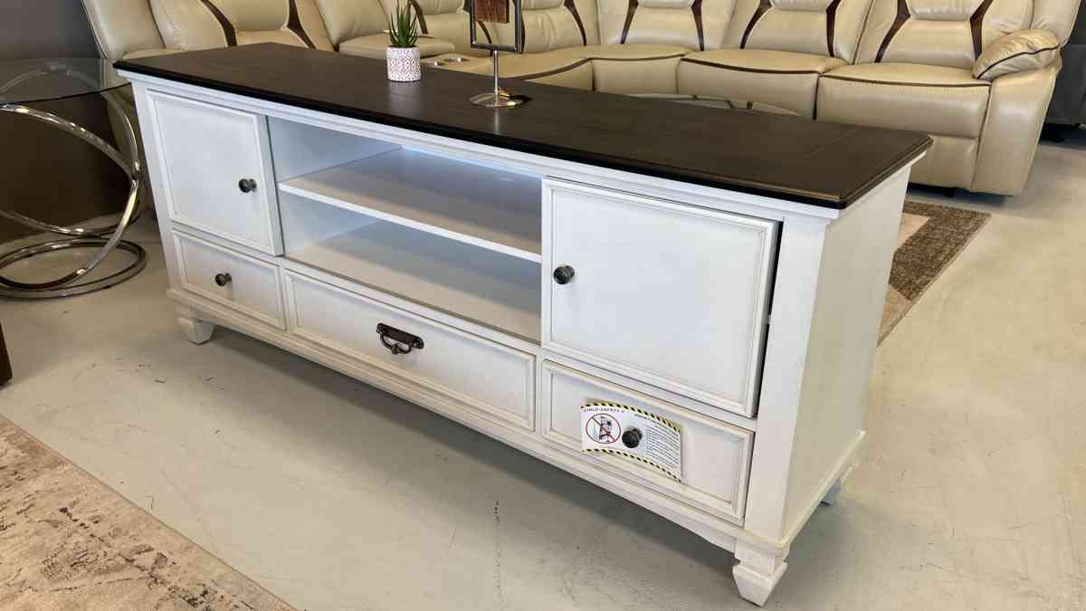White with wood top 65 tv stand with slide doors we have del