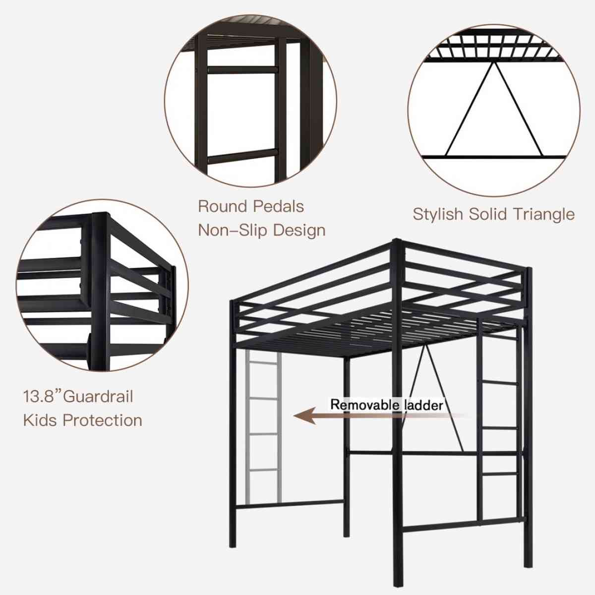 Metal Twin Loft Bed Frame for Kids  Teens with Safety Guardr