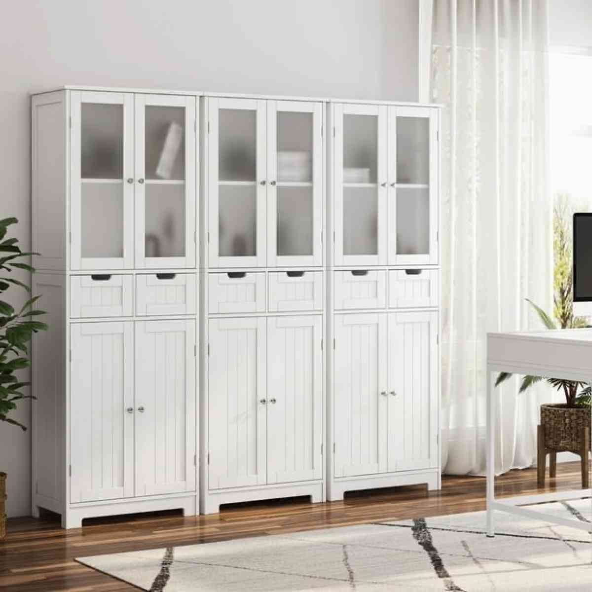 4 Doors Linen Storage Cabinet 3Tier Wood Tall Cabinet Cupboa