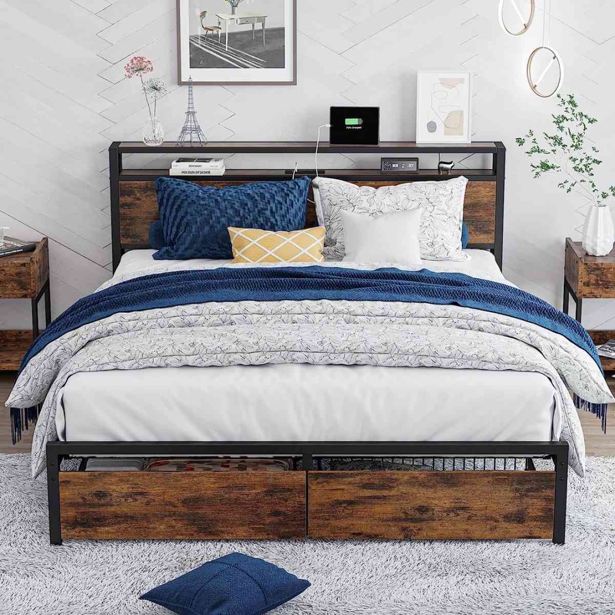 Full Size Bed Frame with Storage Drawers Platform Bed with H