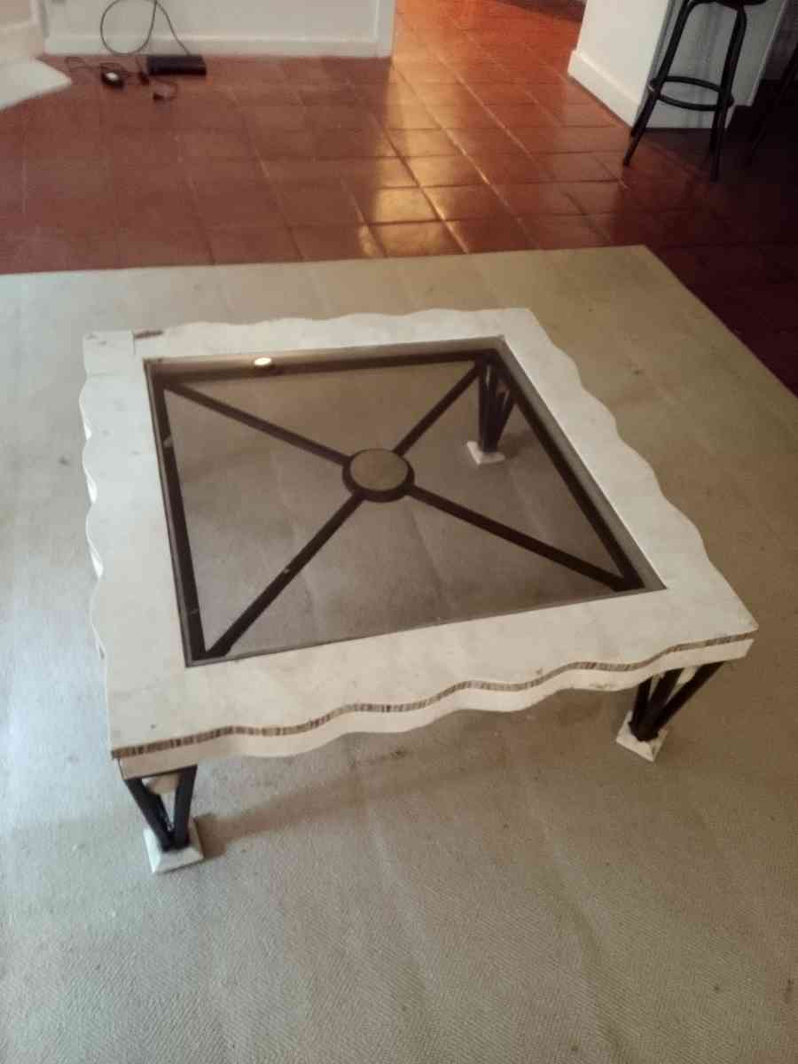 Cast Iron and Marble Coffee Table with Glass Top