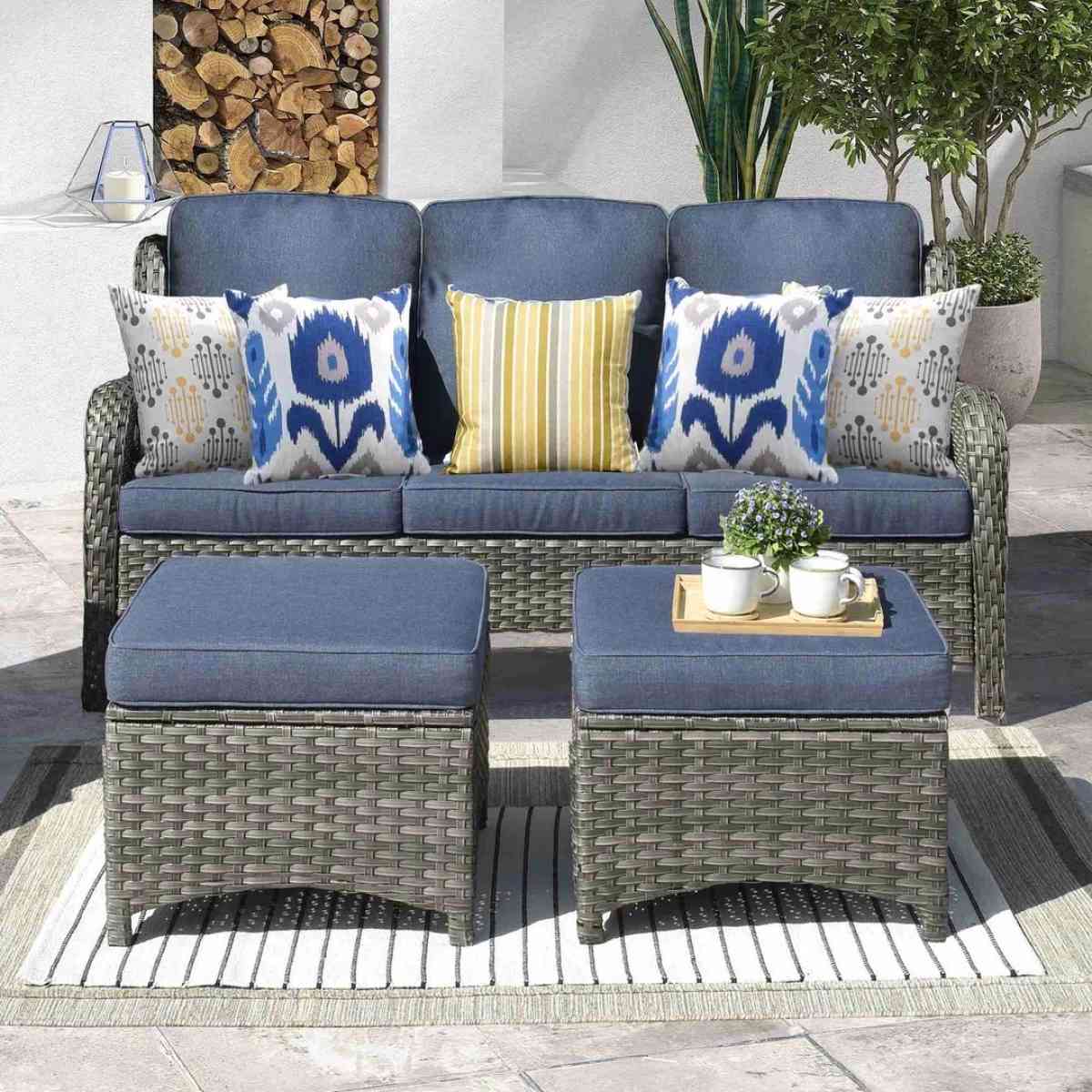 Outdoor Couch 3Piece with Ottoman Kenard Curved Handres