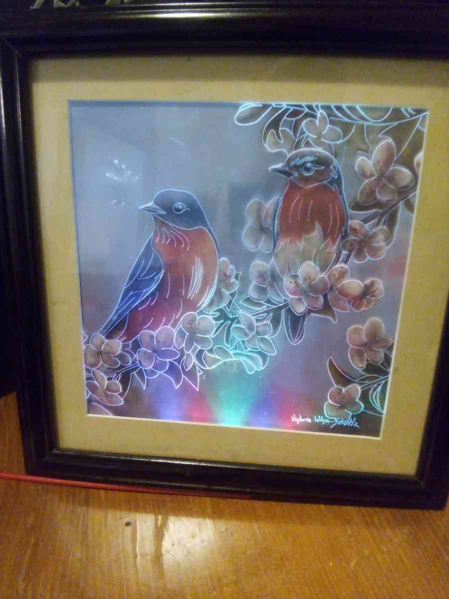 framed picture of two birds with LED lighting