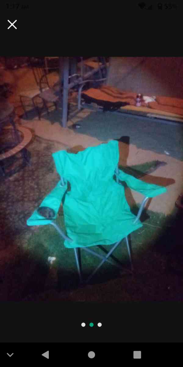 two foldable chairs with cup holders and one foldable cot