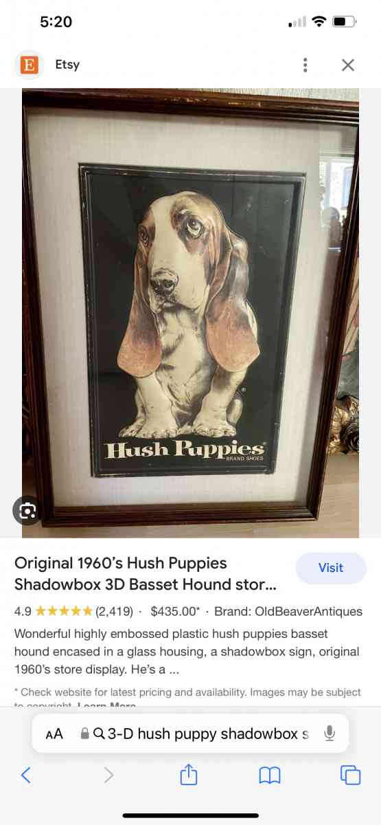 Orginal 1960s Hush puppies Shadowbox 3D store display sign