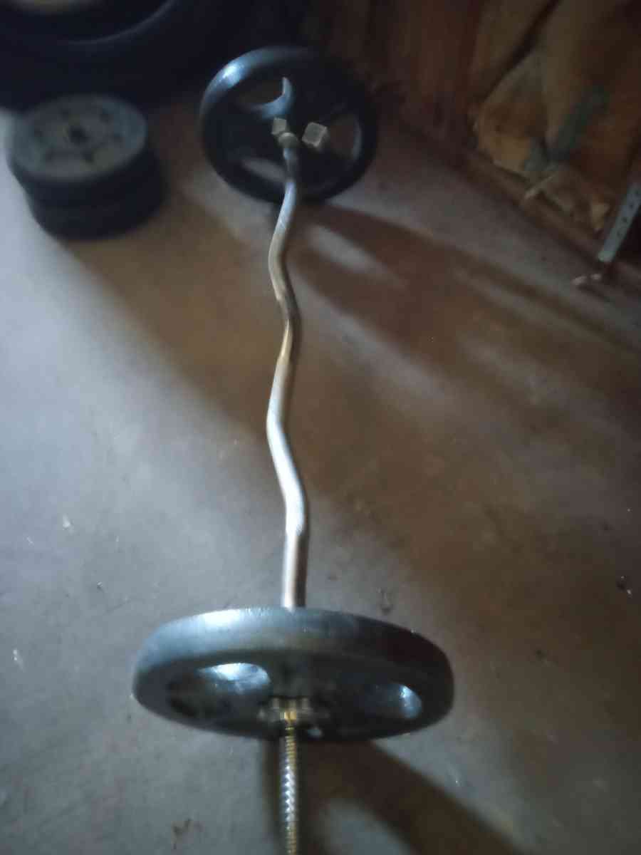 heavy punching bag and curl bar