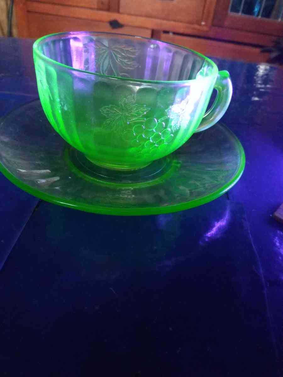 Hazel Atlas fruits uranium glass cup and saucer