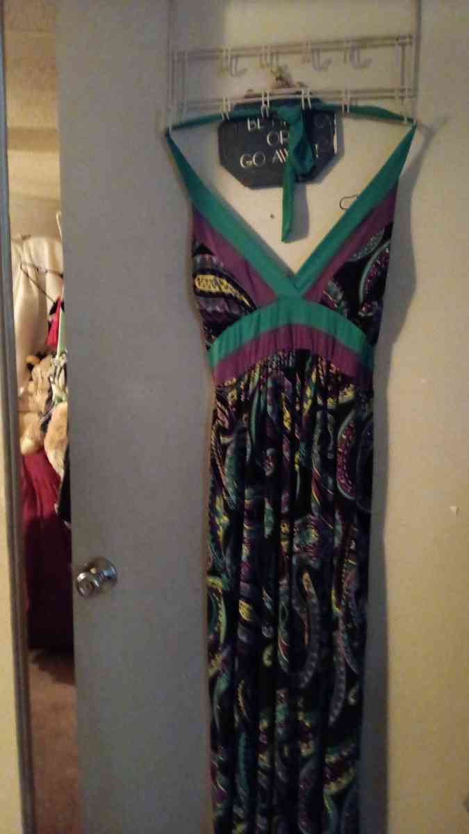 wild print halter top sundress of purples greens and blues
