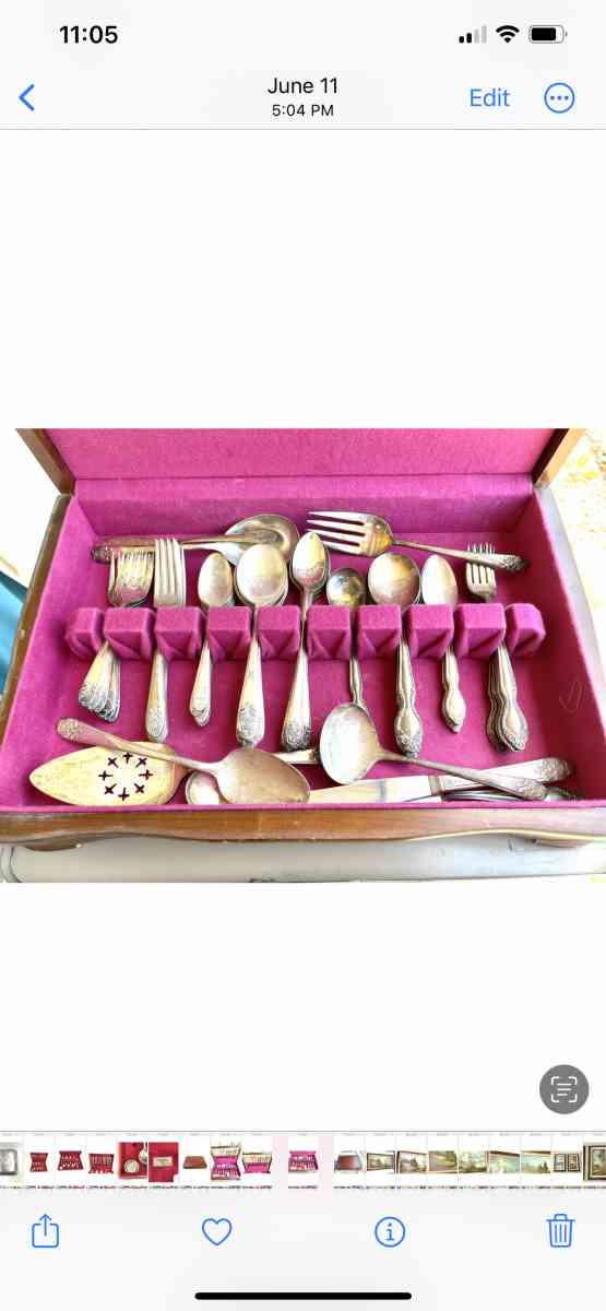 Antique triple dipped silver plated silver ware sets in wood