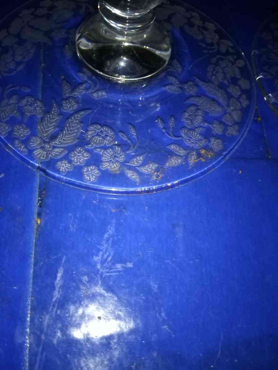 Pair of New Martinsville meadow etch Candleholders