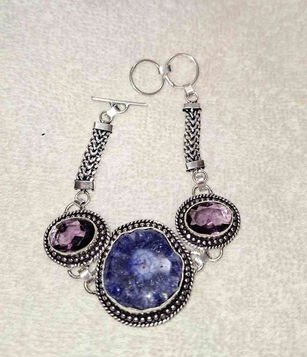 925 silver solar druzy and amethyst bracelet