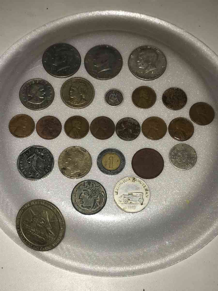 u s coins and foreign coins and tokens and button with shank