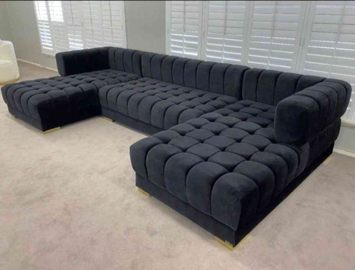 Black Velvet Double Chaise Sectional seccional large couch