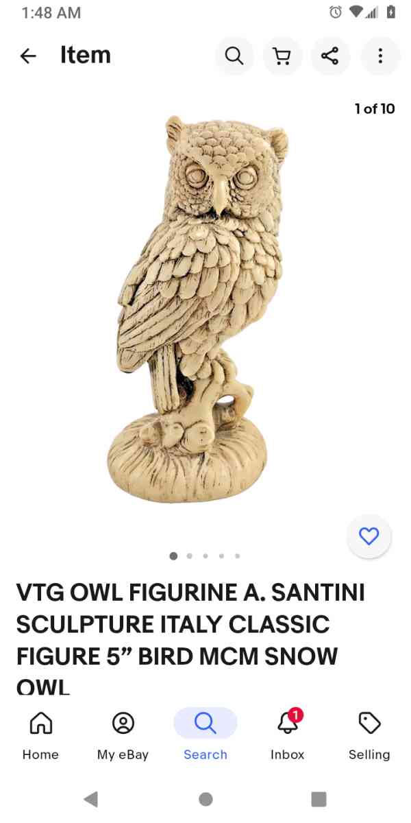 Alabaster carved figurine white owl w red eyes