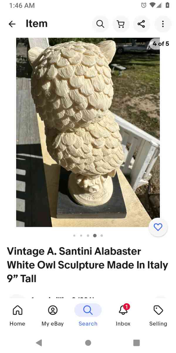 Alabaster carved figurine white owl w red eyes