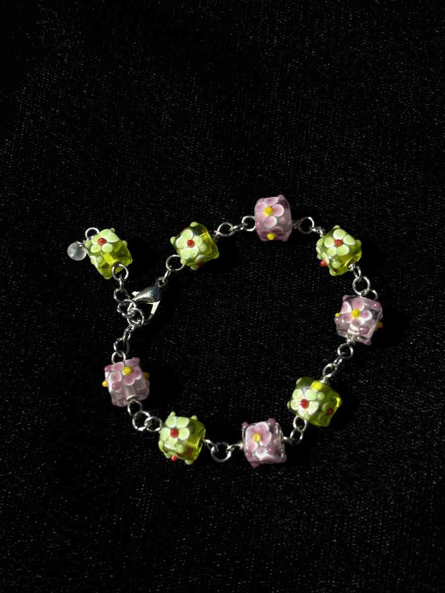 Handmade pink and green textured glass bracelet