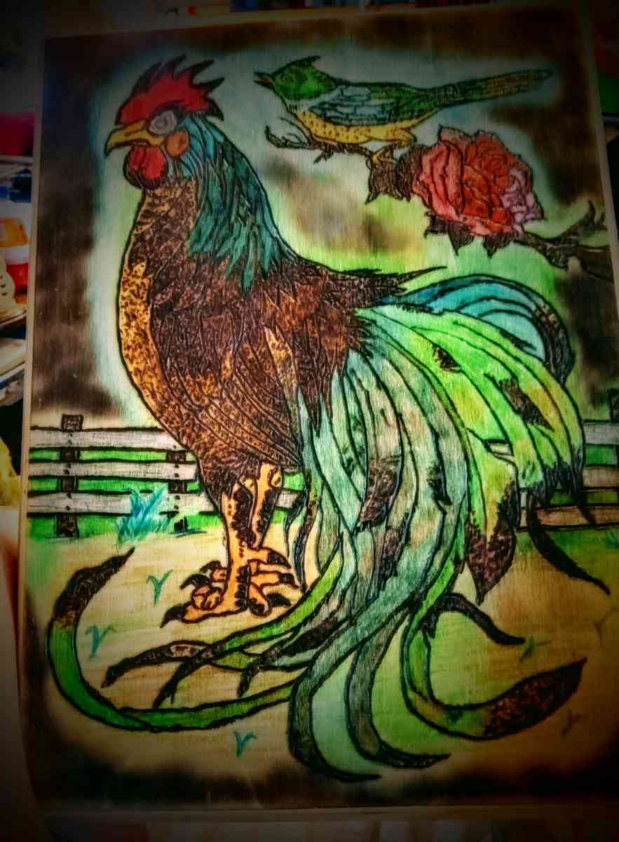 Handmade and painted woodburned rooster picture