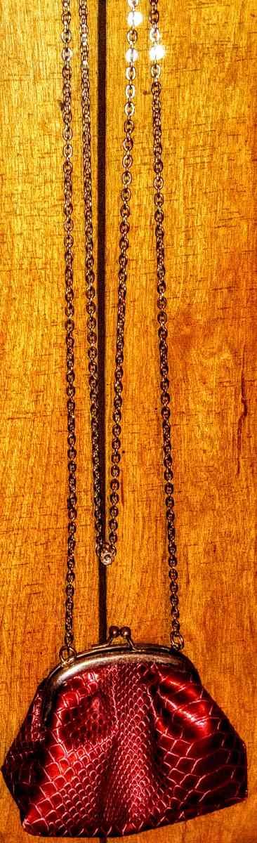 Red Small Rattlesnake Pattern Clutch with 25in Silver Chain