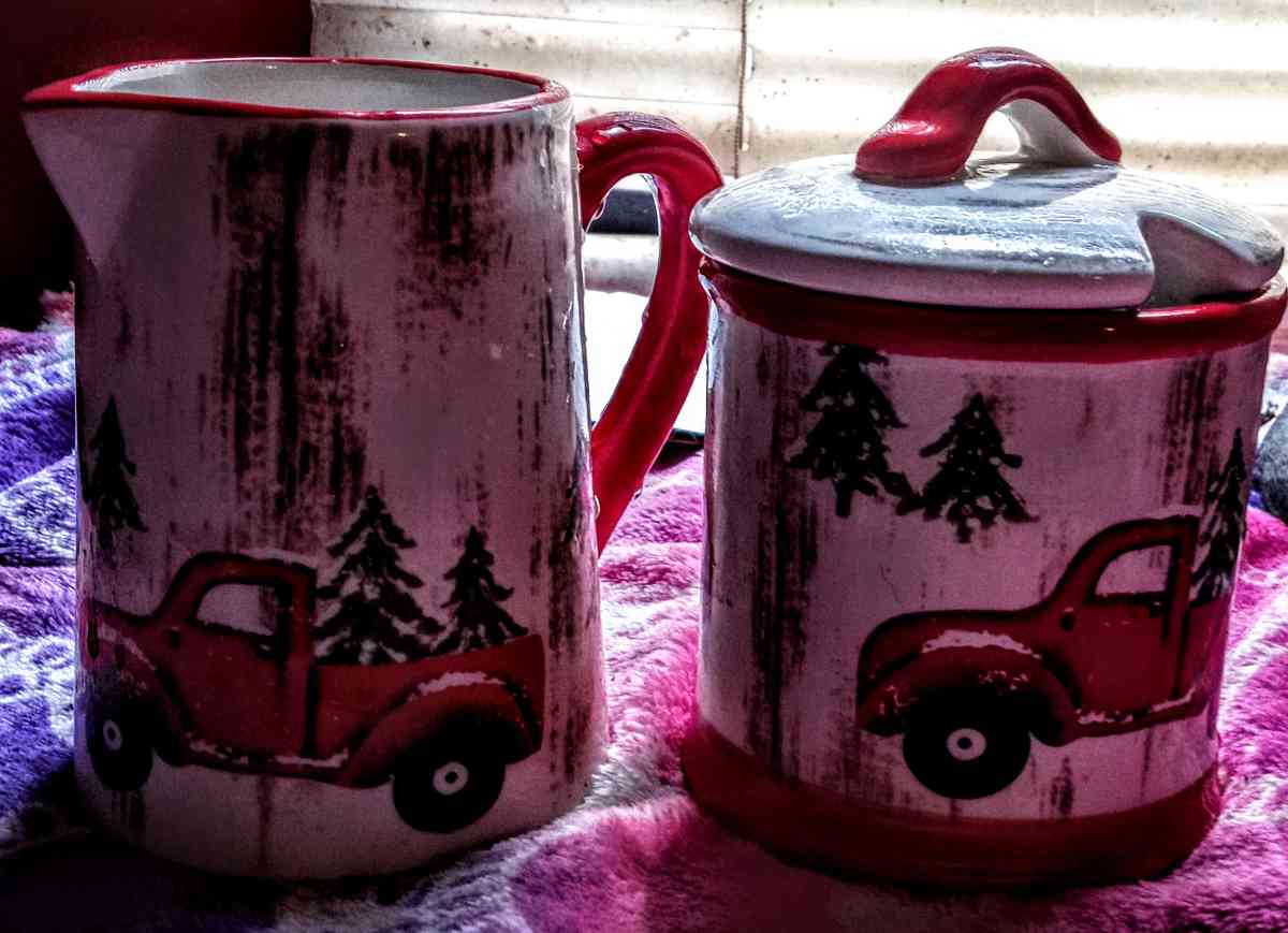 Christmas Red Truck Sugar Bowl and Creamer Pitcher