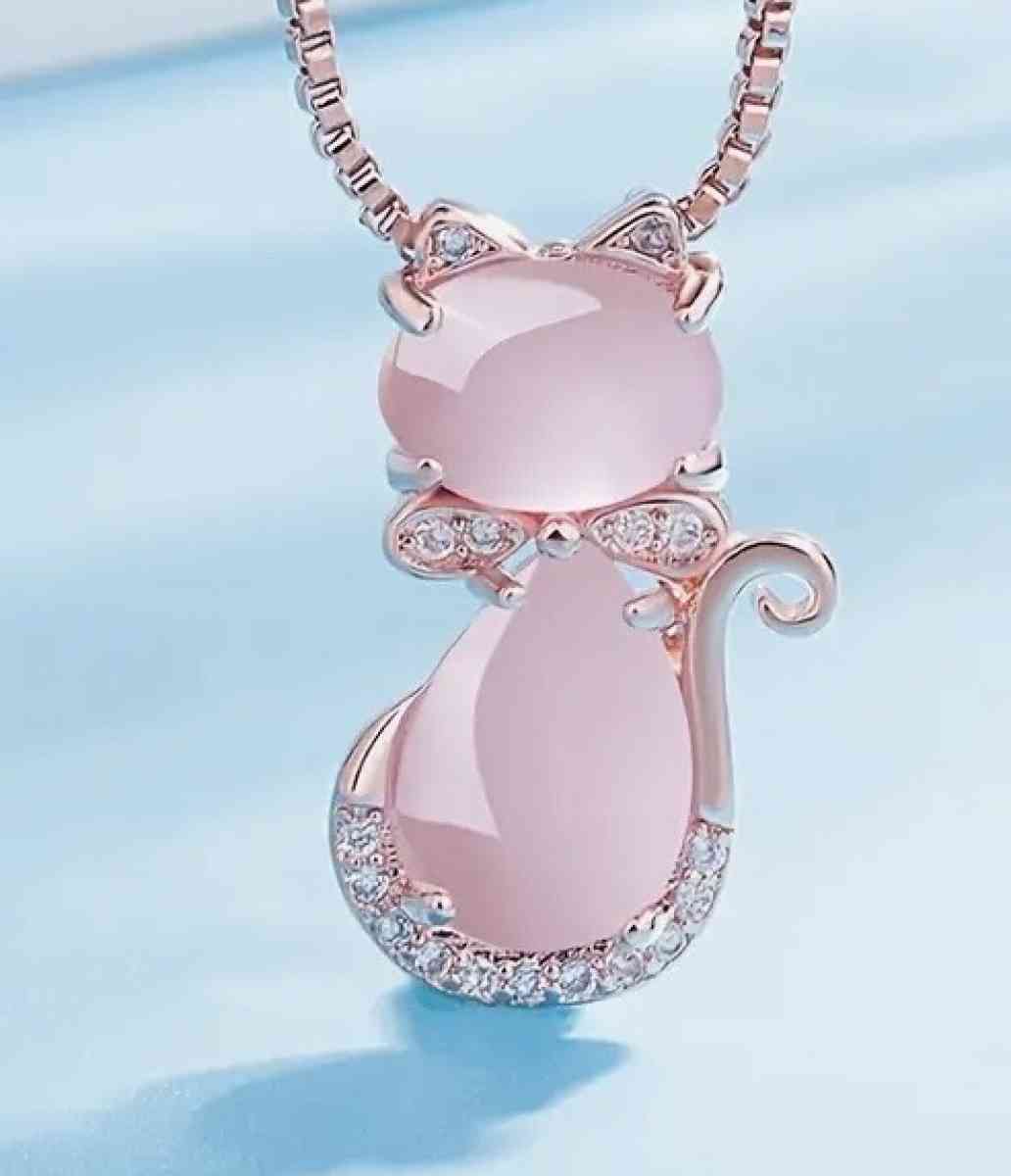 Pink Jade Jadeite Rose Gold Plate Cat Pendant Necklace