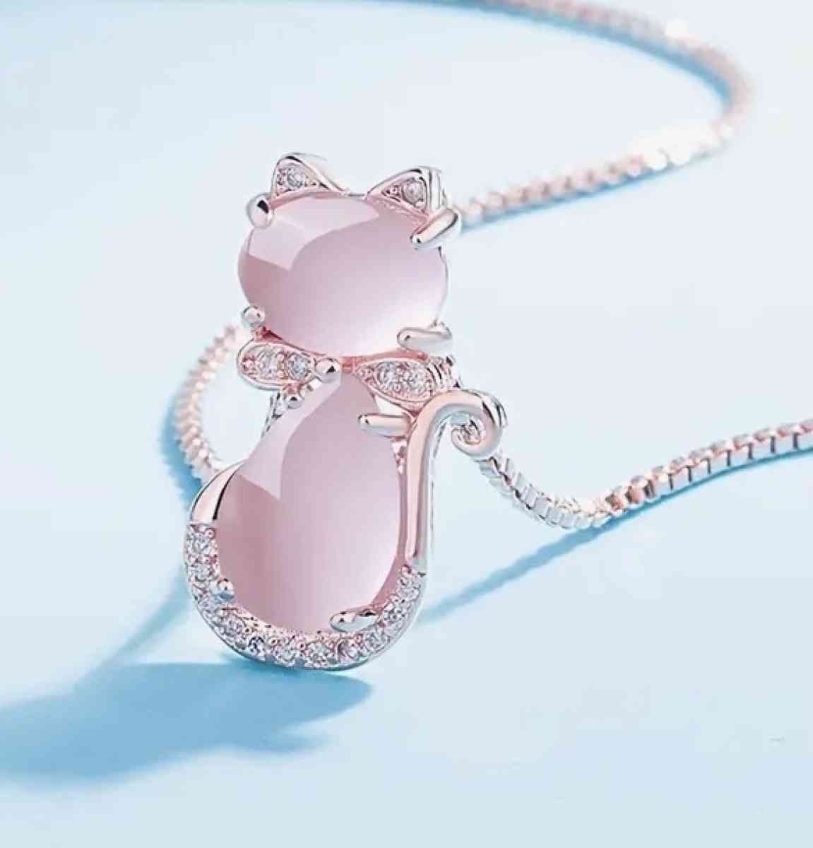 Pink Jade Jadeite Rose Gold Plate Cat Pendant Necklace