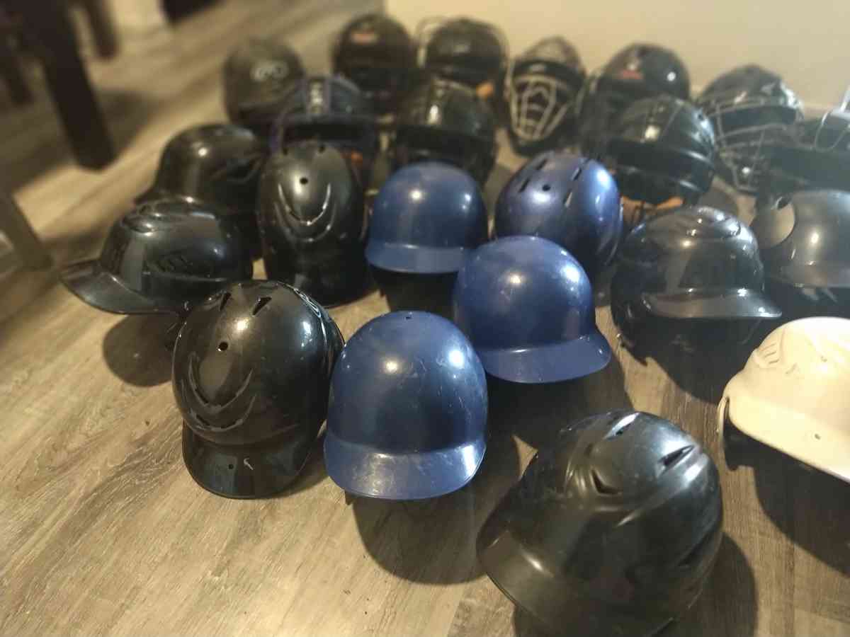 little League catcher gear baseball bats and helmets