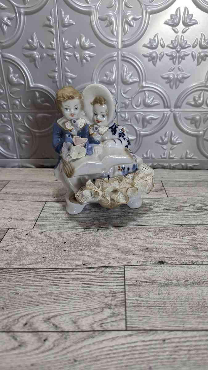 Antique Boy and Girl Reading a Large Bible Book