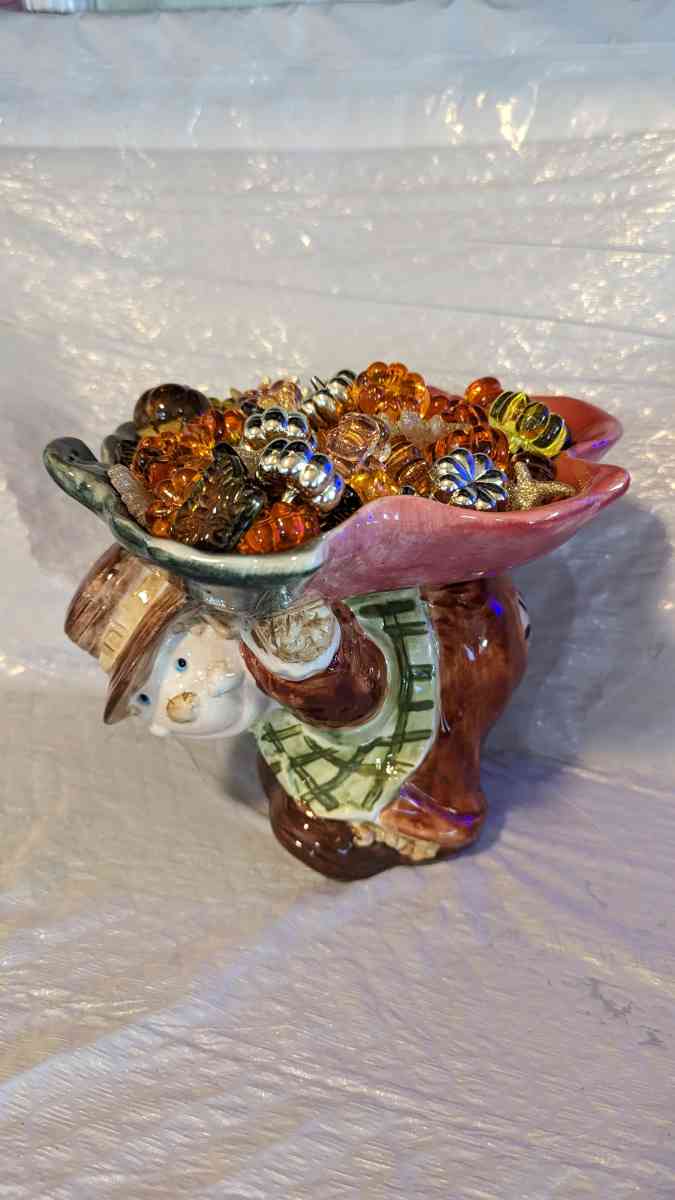 Vintage WCL Ceramic Scarecrow with a Leaf Dish on Its Back