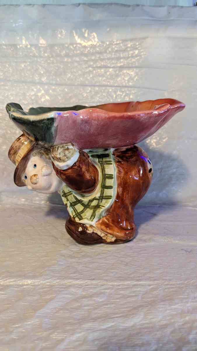 Vintage WCL Ceramic Scarecrow with a Leaf Dish on Its Back