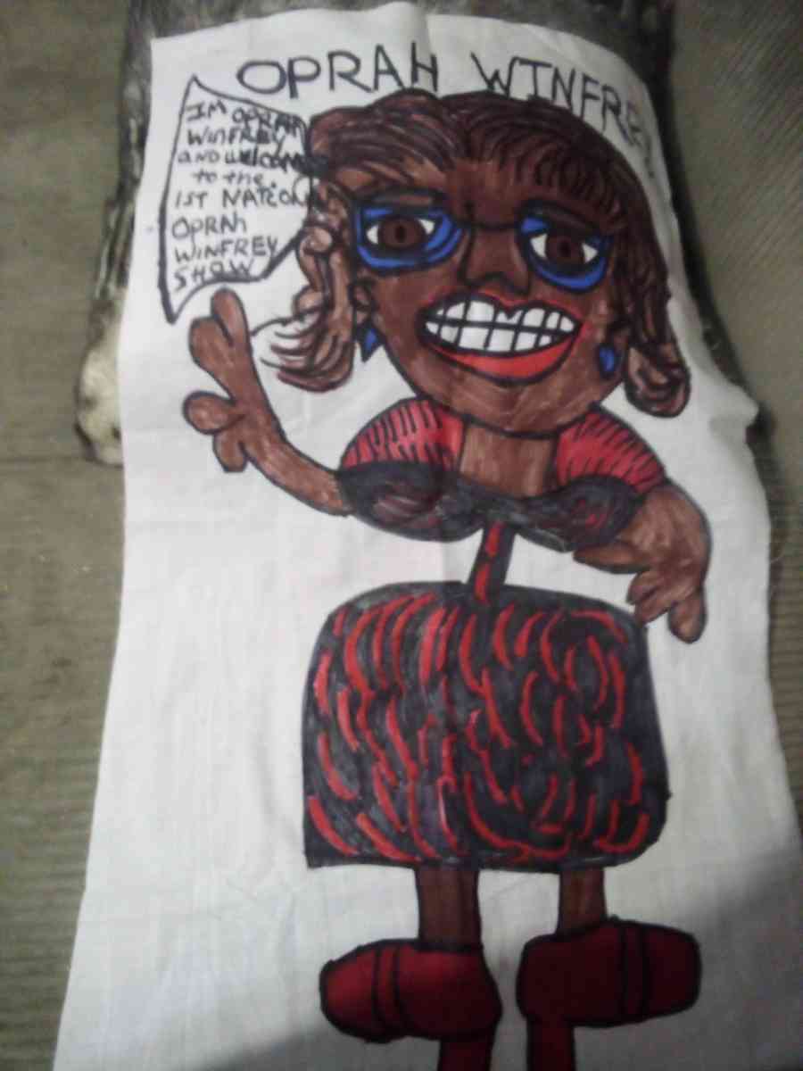 cartoon on pillows and wall hangings