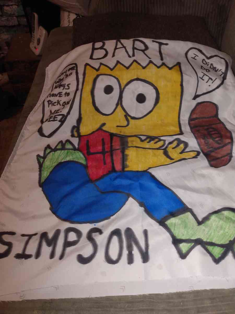 homemade cartoon pillows and wall hangings