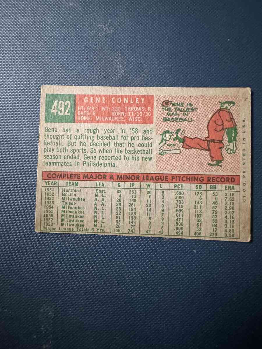 Gene Conley Baseball Card Topps 492