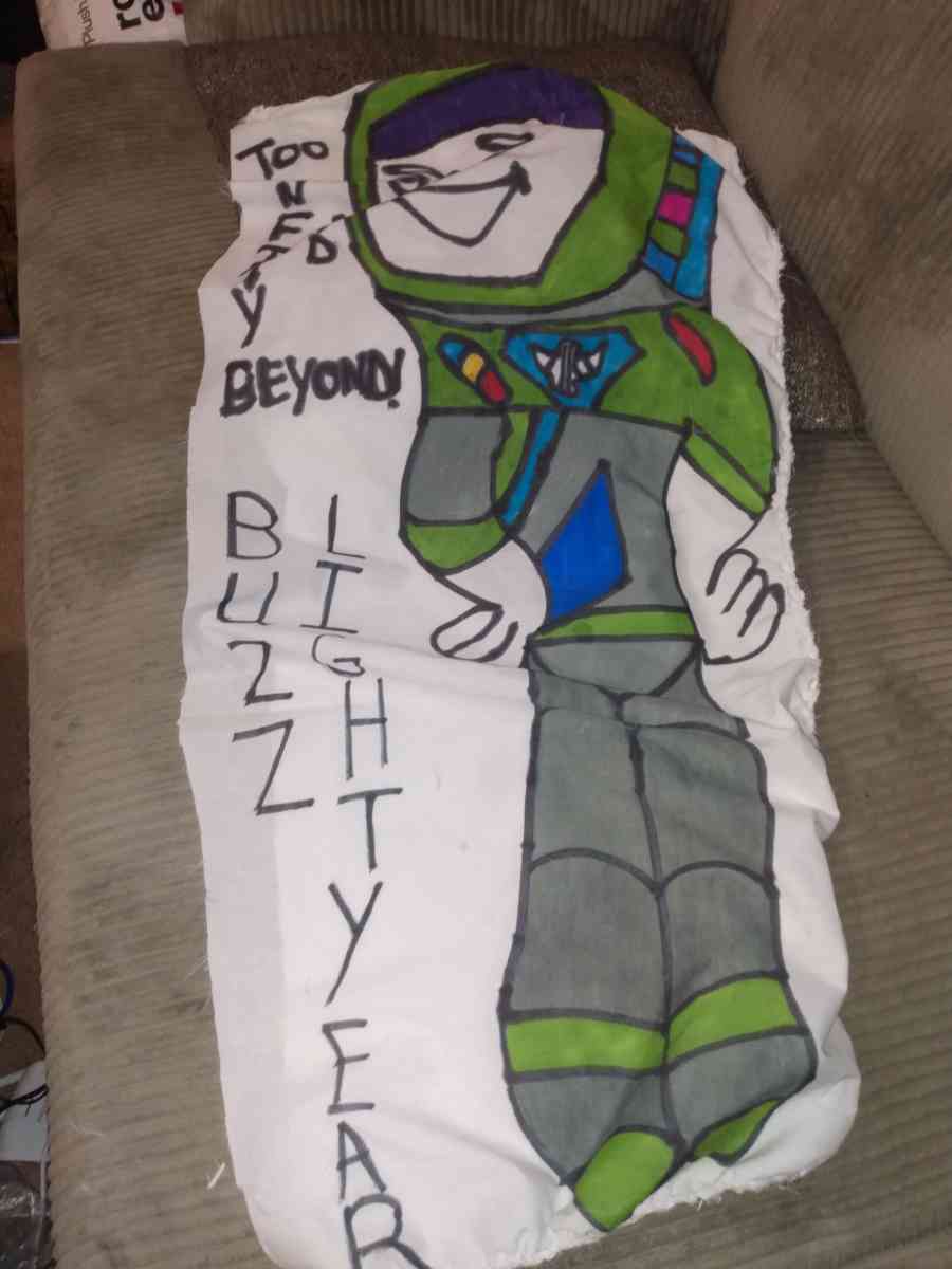 homemade cartoon pillows and wall hangings